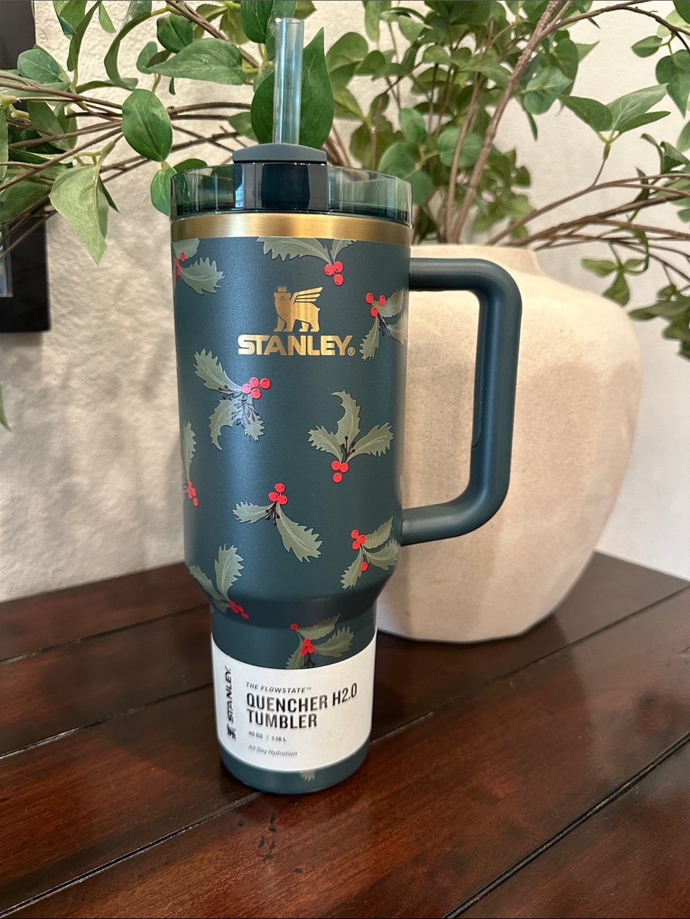 Stanley Green and Gold Holiday Holly Tumbler